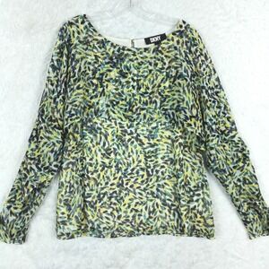 DKNY Womens Blouse Top Cold Shoulder Layered Yellow Blue Abstract Print XL